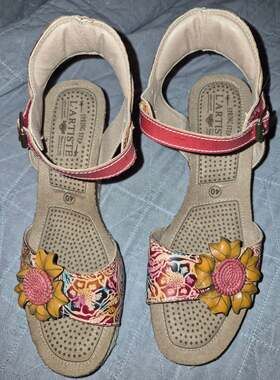 Spring Step L'Artiste Annmarie Ankle Strap Wedge Sandal Red Multi Size 40